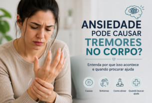 Mulher observando as mãos enquanto sente tremores causados pela ansiedade.