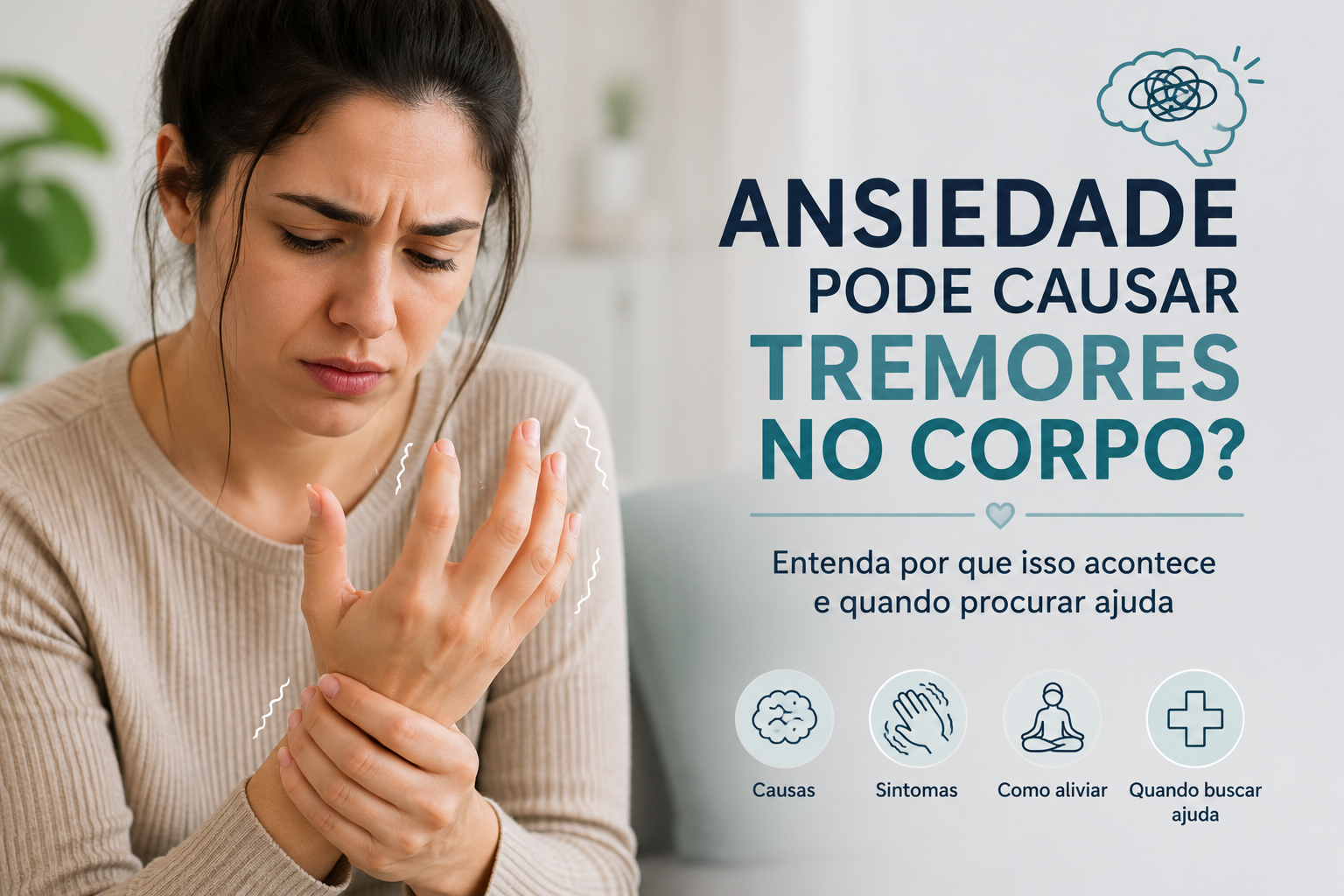 Mulher observando as mãos enquanto sente tremores causados pela ansiedade.