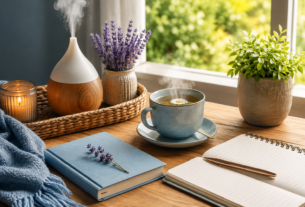 Ambiente acolhedor com chá de camomila, caderno e aromatizador representando técnicas para aliviar a ansiedade em casa.