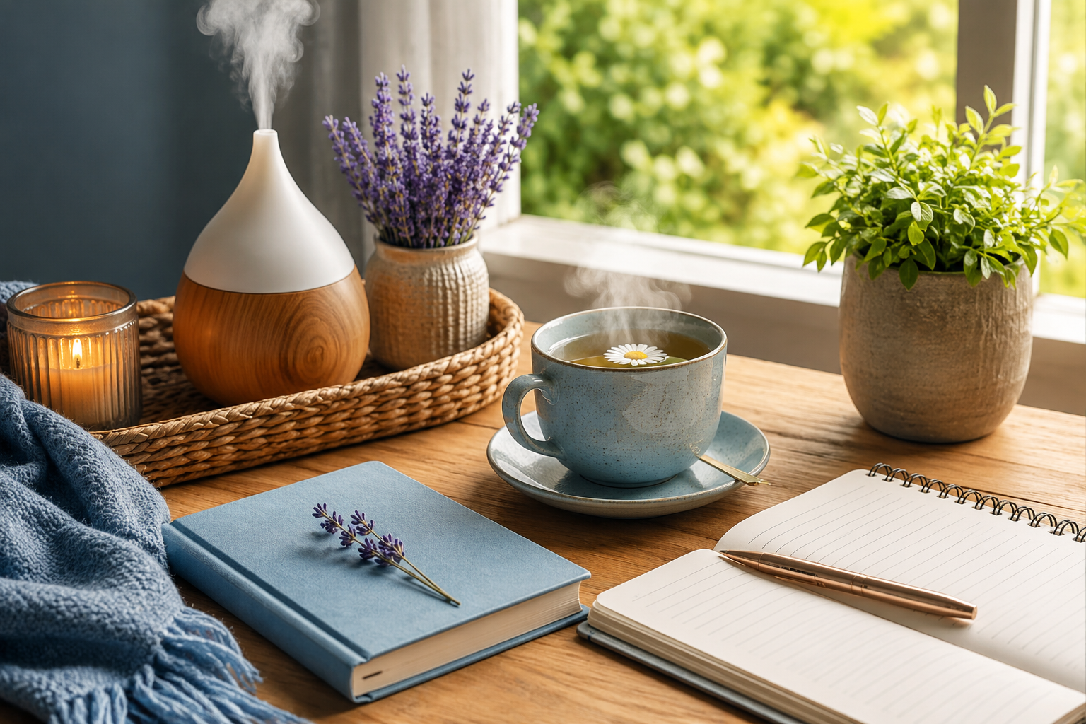 Ambiente acolhedor com chá de camomila, caderno e aromatizador representando técnicas para aliviar a ansiedade em casa.