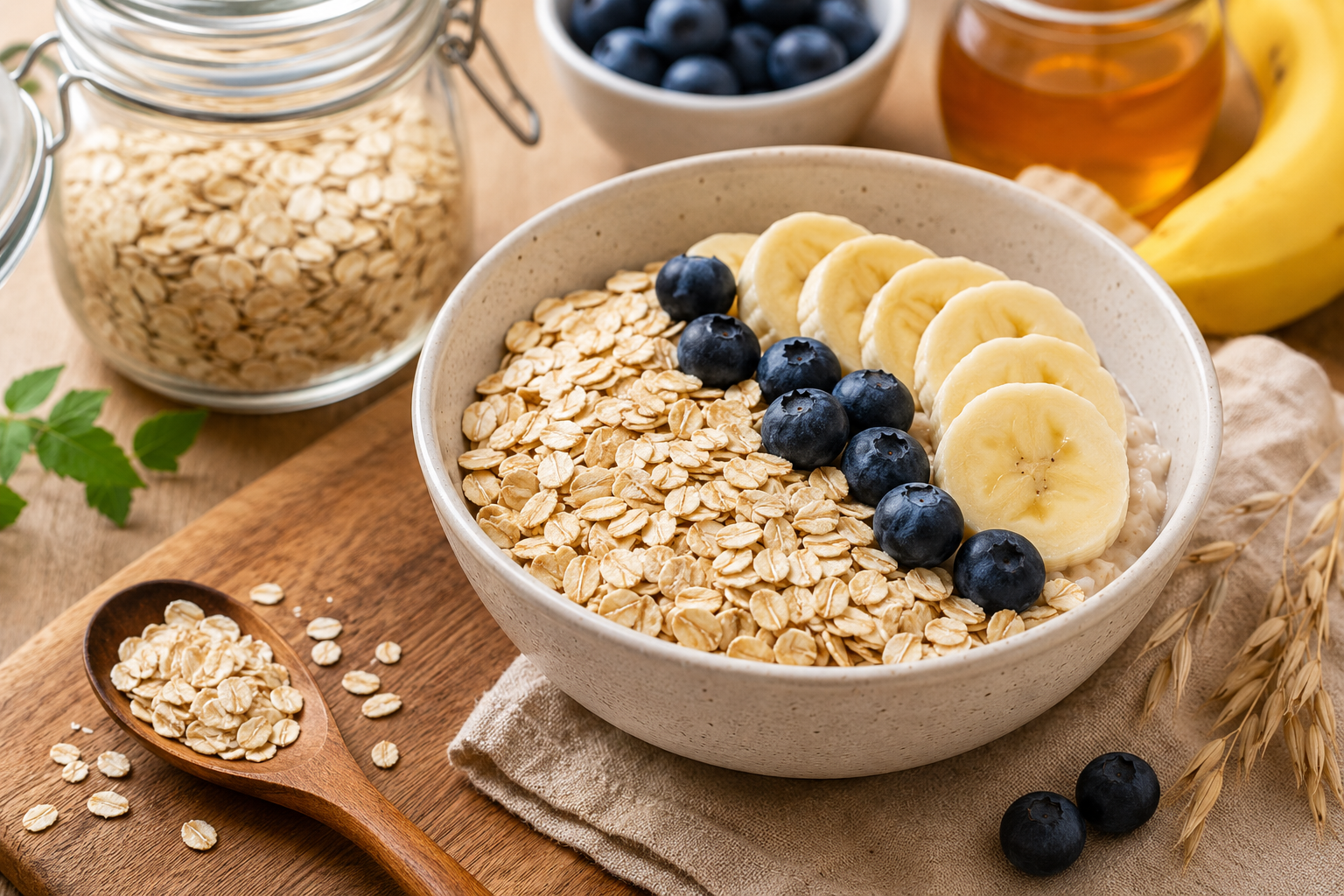 Tigela com aveia, banana e mirtilos representando uma alimentação rica em fibras para a saúde do intestino.
