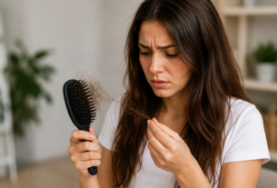 Queda de cabelo: mulher observando fios de cabelo na escova