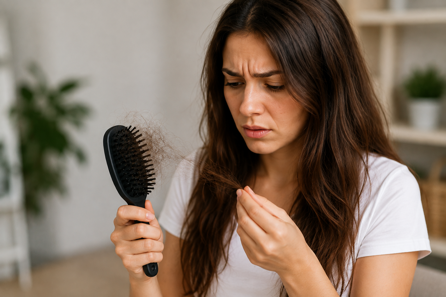 Queda de cabelo: mulher observando fios de cabelo na escova